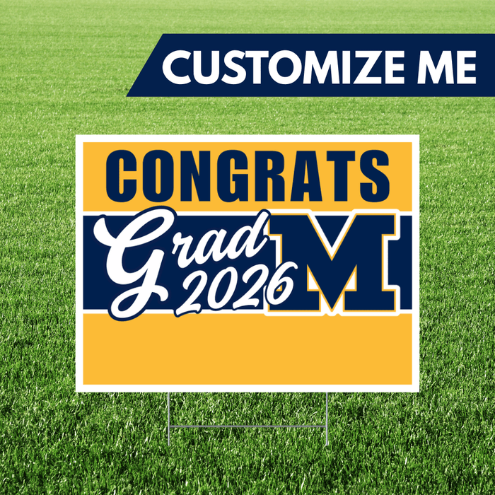 Graduation-themed customizable sign with 'Congrats Grad 2026' text on a grass background