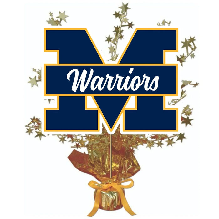 Navy and gold M Warriors logo with white text on a dark blue banner, surrounded by gold star sprays and attached to a red and gold wrapped base with yellow ribbon.