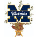 Navy and gold M Warriors logo with white text on a dark blue banner, surrounded by gold star sprays and attached to a red and gold wrapped base with yellow ribbon.
