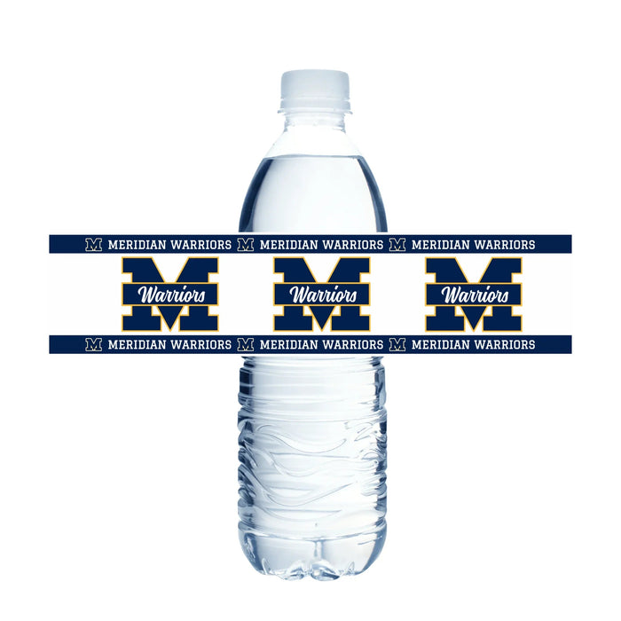 Clear plastic water bottle wrapped with navy blue and gold Meridian Warriors school logo bands featuring repeating "M Warriors" logos and text.