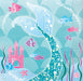Pack of 16 turquoise and pink mermaid-themed beverage napkins featuring an underwater castle, mermaid tail, tropical fish, and sea elements on a light blue background.
