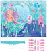 Mermaid-themed party game decoration featuring an illustrated mermaid with purple hair, seahorses, castle, and fish in turquoise waters, includes a sparkly eye mask and multiple pink seahorse game pieces.