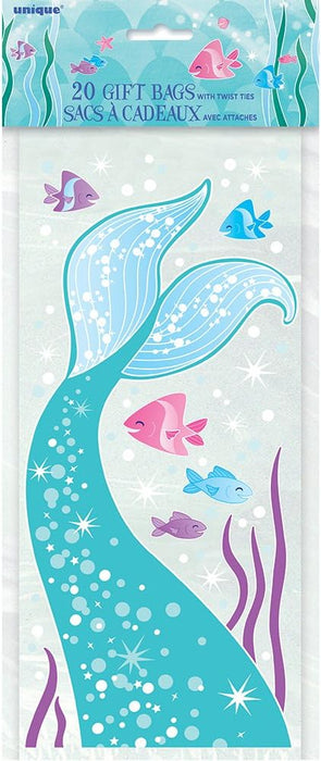 Package of 20 cellophane gift bags featuring a turquoise mermaid tail with sparkles, colorful fish, seaweed, and white stars on a light blue background.