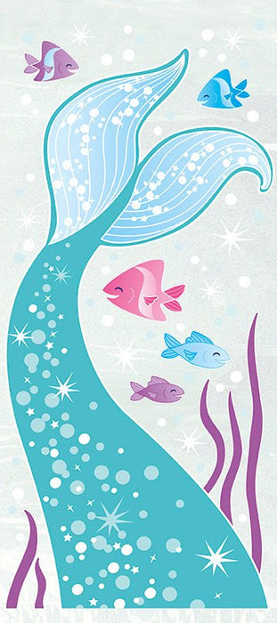 Turquoise mermaid tail with decorative dots and stars surrounded by six colorful tropical fish in pink and blue, with purple seaweed on a light background.