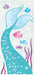 Turquoise mermaid tail with decorative dots and stars surrounded by six colorful tropical fish in pink and blue, with purple seaweed on a light background.