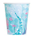 Turquoise paper cup featuring an underwater mermaid design with a mermaid tail, colorful fish, and coral in shades of blue and pink.