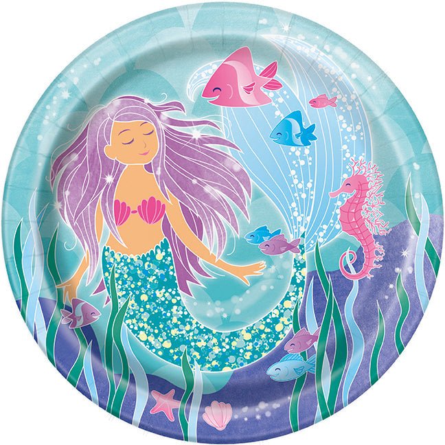 Round turquoise paper plate featuring an illustrated mermaid with purple hair surrounded by colorful fish, seahorses, seaweed, and bubbles in an underwater scene.