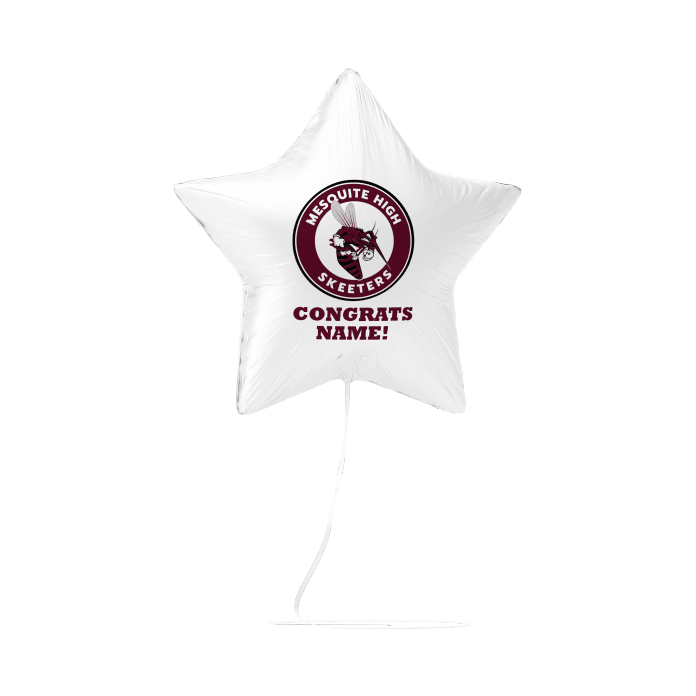 White star-shaped foil balloon featuring a maroon circular Mesquite High Skeeters logo at the top and "CONGRATS NAME!" text below.