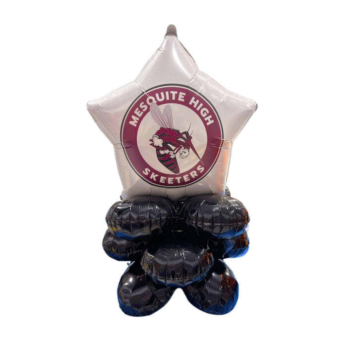 Silver star-shaped balloon with burgundy circular Mesquite High Skeeters logo featuring a mascot head, mounted on four black and blue air-filled balloon clusters at the base.