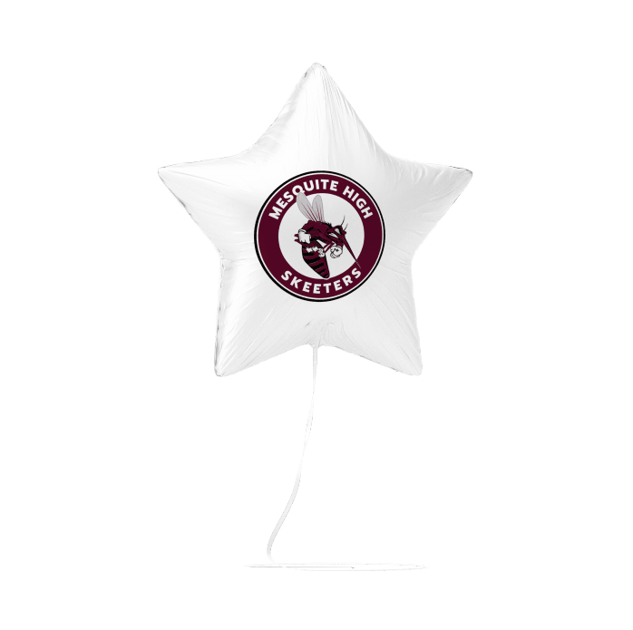 White star-shaped foil balloon featuring a burgundy circular logo for Mesquite High Skeeters with a mosquito graphic in the center.