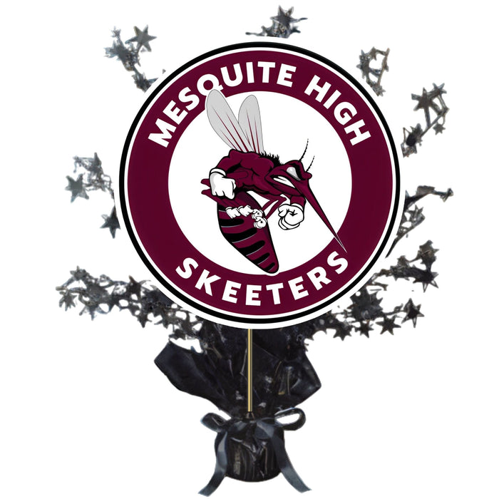 Maroon and white circular logo for Mesquite High School Skeeters featuring a stylized mosquito mascot, mounted on a black decorative base with silver star bursts radiating outward.