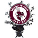 Maroon and white circular logo for Mesquite High School Skeeters featuring a stylized mosquito mascot, mounted on a black decorative base with silver star bursts radiating outward.