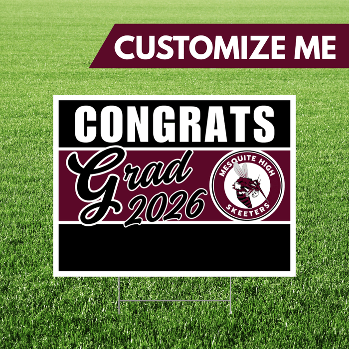 Graduation-themed customizable sign with 'Congrats Grad 2026' text on a grass background