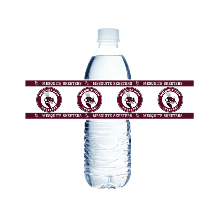 Clear plastic water bottle wrapped with a maroon and white band featuring "Mesquite Skeeters" text and circular logos repeated across the label.