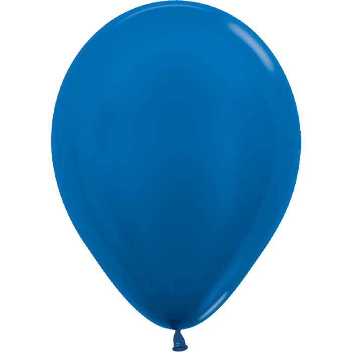 Single metallic blue latex balloon with a rounded teardrop shape and glossy finish, tied at the bottom with a small knot.