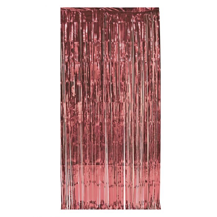 Rose gold metallic fringe curtain measuring 3 feet wide by 8 feet tall, featuring shimmering vertical strands in deep rose and light pink tones.