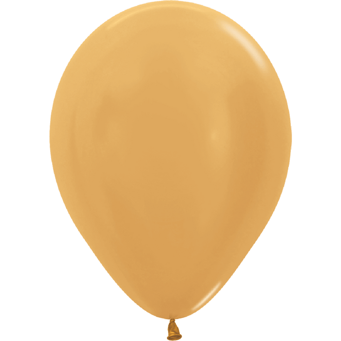 Single metallic gold latex balloon with a rounded oblong shape and a small tied knot at the bottom.