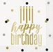 Metallic gold "happy birthday" beverage napkins with black and gold candles and confetti dots on white background, 16-count package.