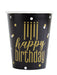 Black paper cup with gold metallic "happy birthday" text, gold vertical candle design, and scattered gold and white dots around the sides.