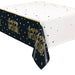 Black and white plastic tablecover with gold foil "happy birthday" text and confetti design scattered across both sides.