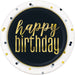 White paper plate with black center circle, gold "happy birthday" text, and gold and navy decorative dots around the border.