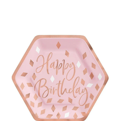Metallic Blush Hexagon Happy Birthday Dessert Plates 7in | 8ct
