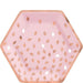 Pink hexagonal plates with rose gold metallic borders and diamond-shaped cutout pattern throughout, set of eight nine-inch lunch plates.