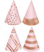 Four pink cone party hats with rose gold metallic accents featuring diamond patterns, solid bands, and diagonal stripes.