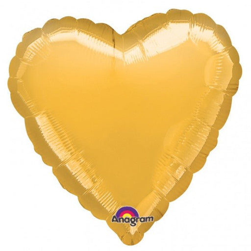 Shiny gold foil heart-shaped balloon with a metallic finish and rounded edges displayed against a white background.
