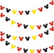 Five strands of Mickey Mouse-themed garland featuring alternating red, black, and yellow balloon clusters connected by dotted strings.