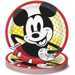 Stack of eight red and white paper plates featuring Mickey Mouse in classic pose with yellow polka dot accents and red shorts.