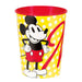 Yellow plastic cup with red rim featuring Mickey Mouse in classic pose wearing red shorts and black shirt, decorated with white polka dots throughout.