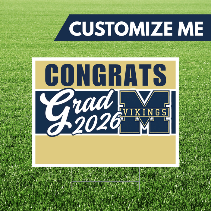 Graduation-themed customizable sign with 'Congrats Grad 2026' text on a grass background