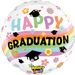 Round white mylar balloon with pastel rainbow bands, colorful flowers, black graduation caps, and "Happy Graduation" text in multicolored letters.