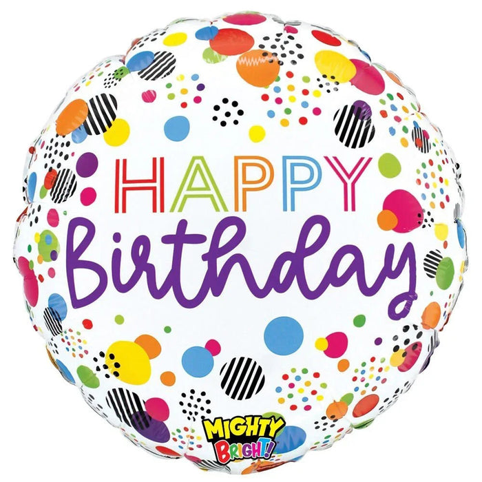 Colorful round mylar balloon with "Happy Birthday" text in multicolored letters surrounded by various sized dots and striped circles in bright colors including pink, yellow, blue, orange, and purple.