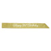 Gold glitter sash with white script text reading "Happy 21st Birthday" on a white background.