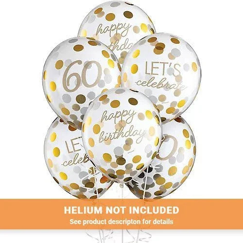 Six clear latex balloons filled with gold and silver confetti, printed with "happy birthday," "60," and "let's celebrate" in gold text.