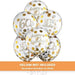 Six clear latex balloons filled with gold and silver confetti, printed with "happy birthday," "60," and "let's celebrate" in gold text.