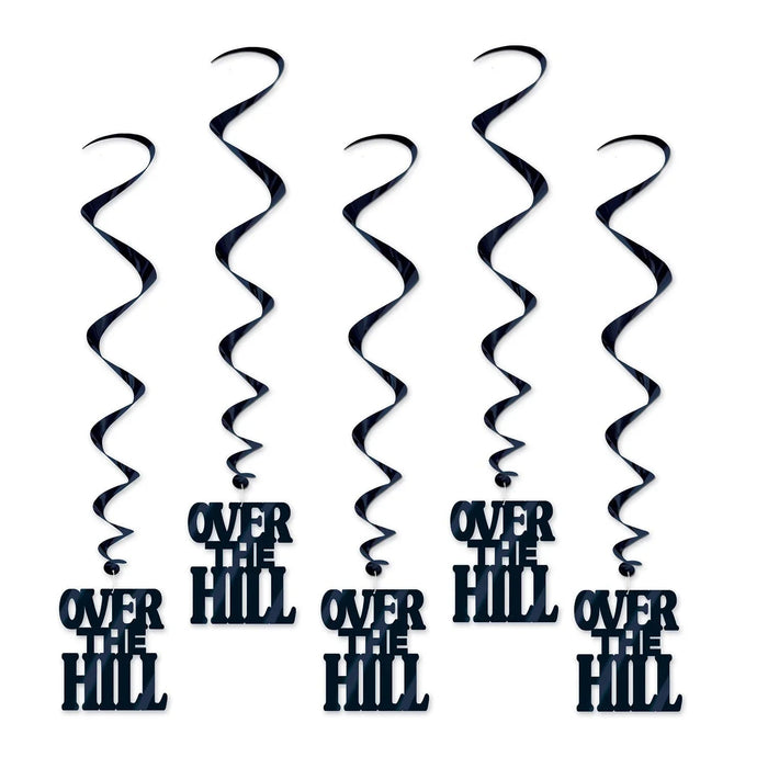Five dark blue spiral hanging decorations with "Over the Hill" text attached at the bottom of each whirl.