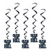 Five dark blue spiral hanging decorations with "Over the Hill" text attached at the bottom of each whirl.