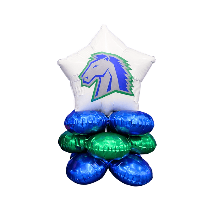 White star-shaped foil balloon with blue and green horse head logo on top, stacked above four blue and green metallic round balloons arranged in a cluster.