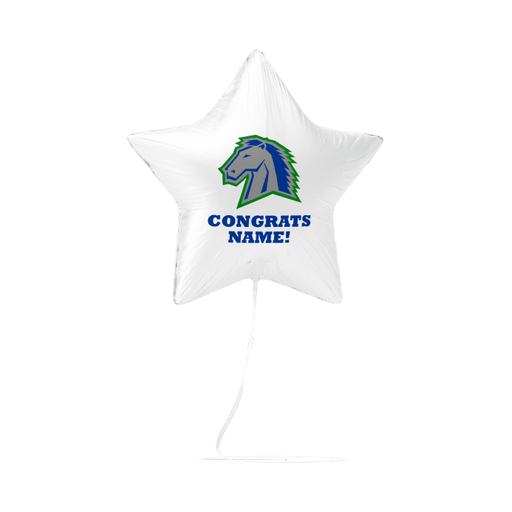 White star-shaped foil balloon with a blue and green horse head logo and "CONGRATS NAME!" text in blue.