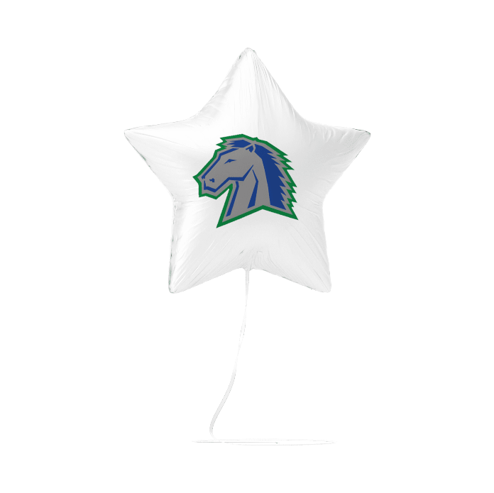 White star-shaped balloon with a green and blue horse head logo printed in the center.