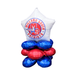 White star-shaped foil balloon with red and blue Millard South Patriots logo sits atop a stack of four blue and red metallic round balloons arranged in a decorative cluster.