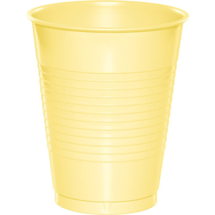 Bright yellow 16-ounce plastic cup with horizontal ribbed texture throughout the sides and a smooth rim.
