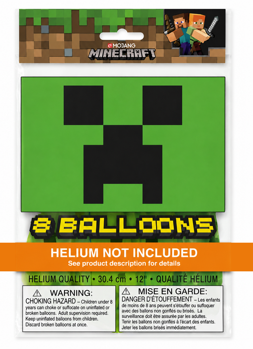 Minecraft 12-inch latex balloon pack with green Creeper face design and Minecraft-themed packaging with a helium not included banner.