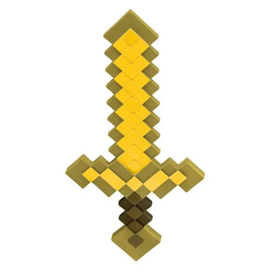 Pixelated gold and olive-toned sword with a blocky square handle and crossguard, styled like a Minecraft game weapon.