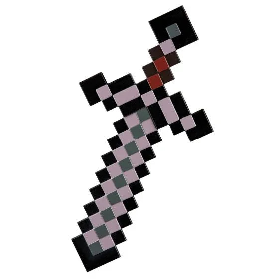Pixelated sword toy made of stacked colored blocks in black, pink, gray, and red, arranged diagonally to resemble a Minecraft-style weapon.