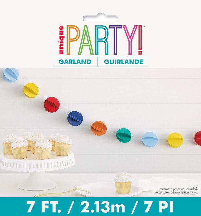 Colorful paper ball garland with seven circles in blue, yellow, red, navy, orange, teal, and light blue strung together, measuring 7 feet long.