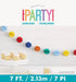 Colorful paper ball garland with seven circles in blue, yellow, red, navy, orange, teal, and light blue strung together, measuring 7 feet long.